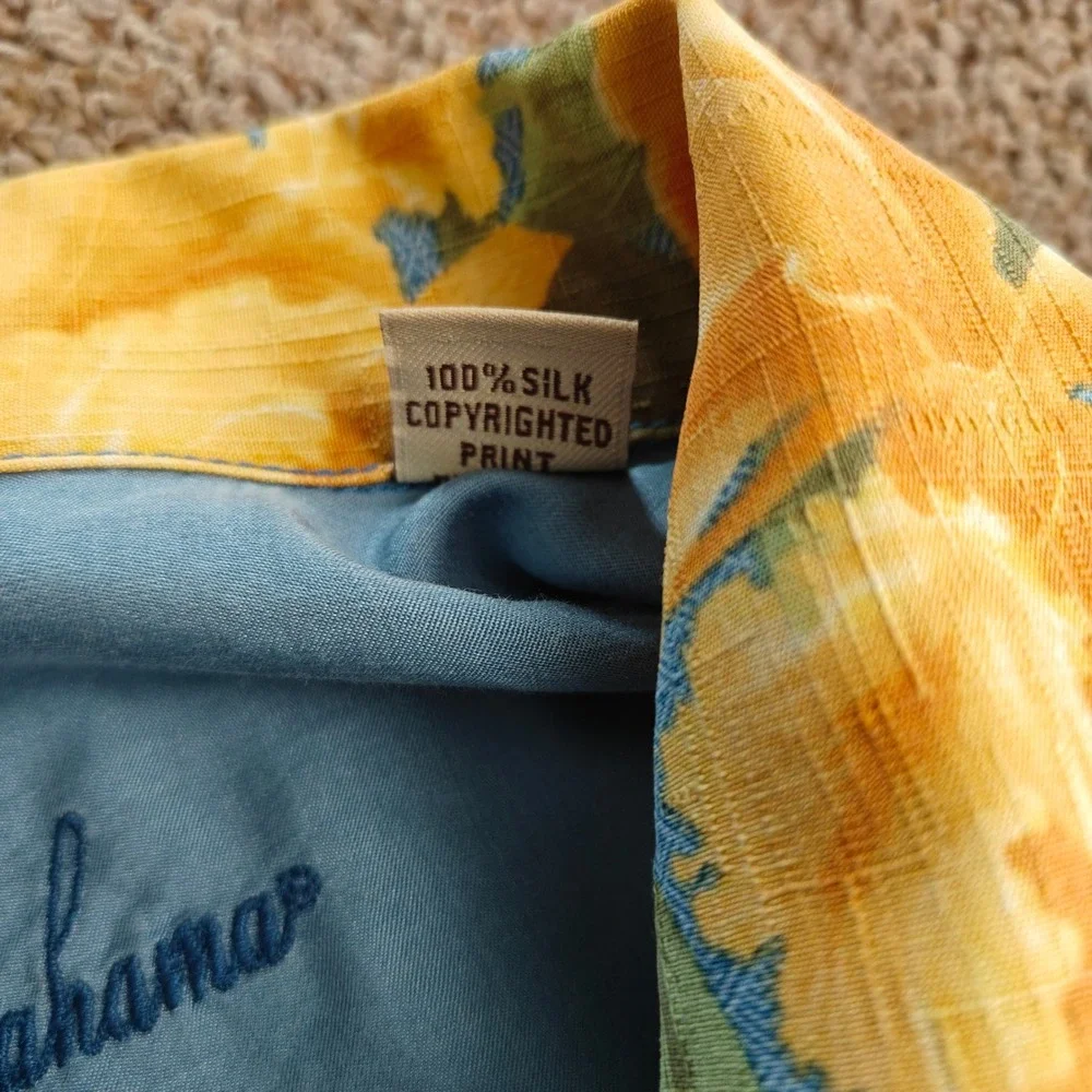 Tommy Bahama XL Mens Hawaiian Silk Shirt Blue Yellow Floral Button Front Camp‎